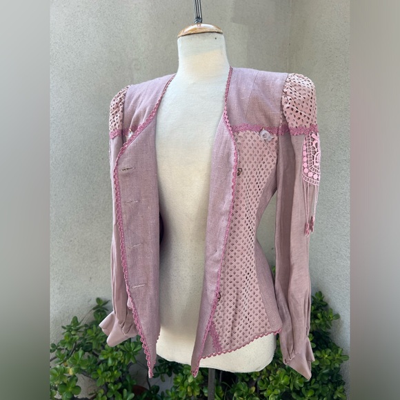 Vintage glam blazer jacket dusty rose linen faux suede floral beads Med La Foret - Picture 11 of 14